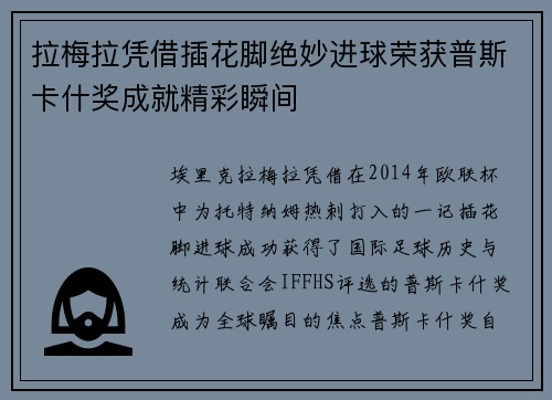 拉梅拉凭借插花脚绝妙进球荣获普斯卡什奖成就精彩瞬间